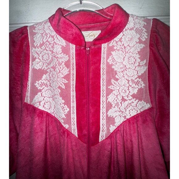 Vintage Katz Pink Fleece Long Nightgown Lace Trim & Zipper Front Small 70’s Cute - Picture 3 of 6